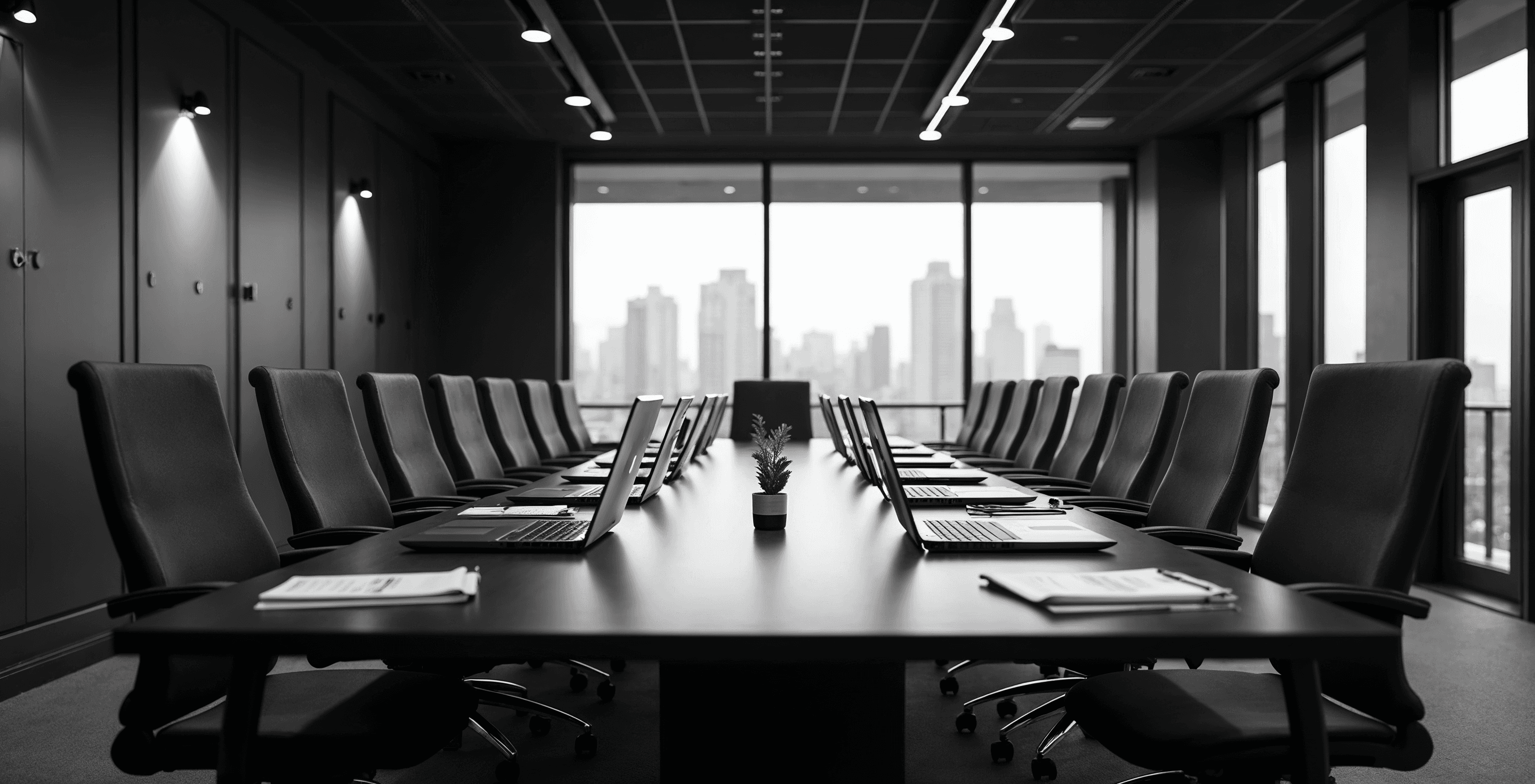 Sala de reuniones profesional con documentos sobre la mesa