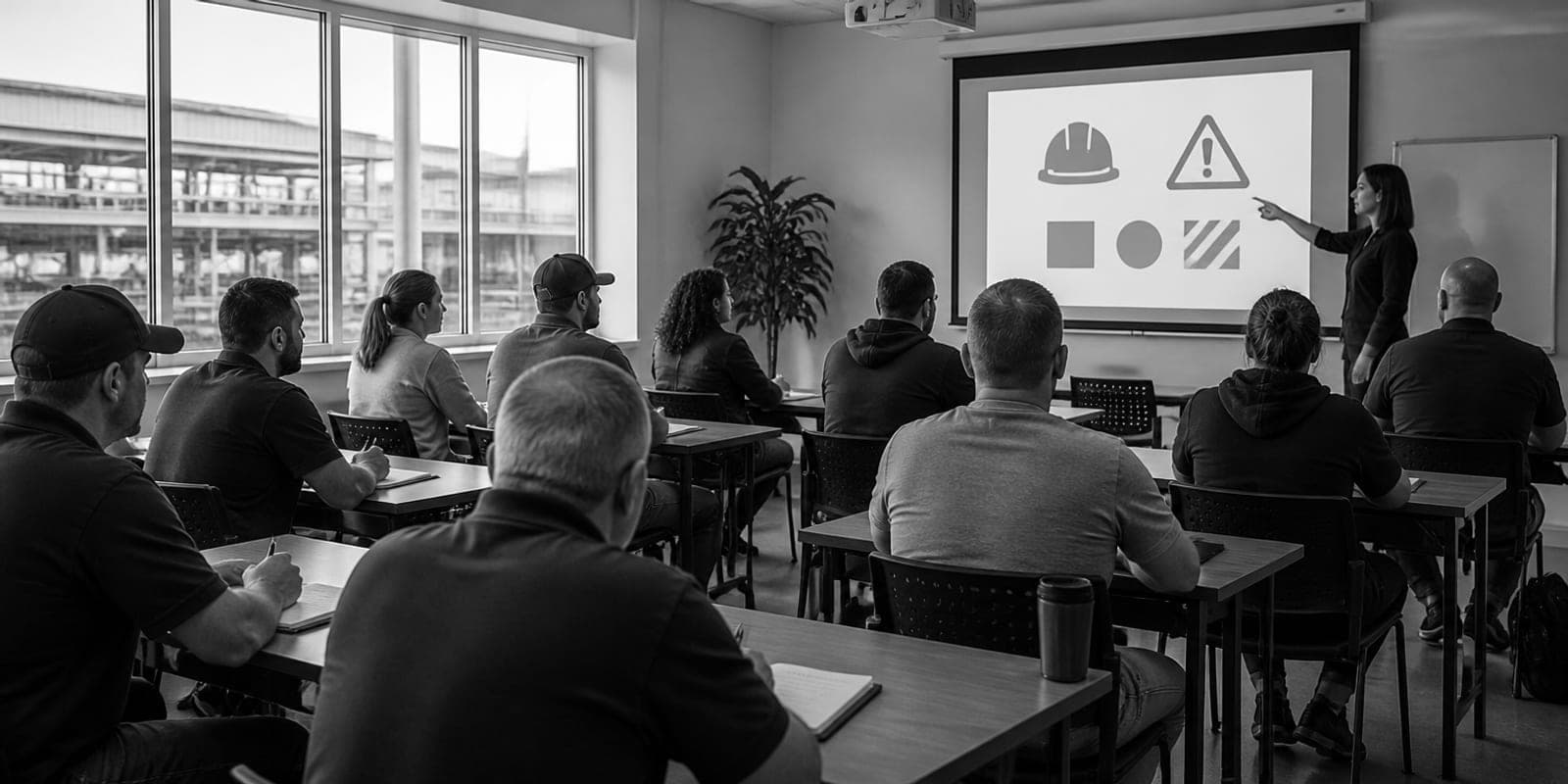 Aula de un centro de formación con alumnado adulto durante una sesión de prevención de riesgos laborales