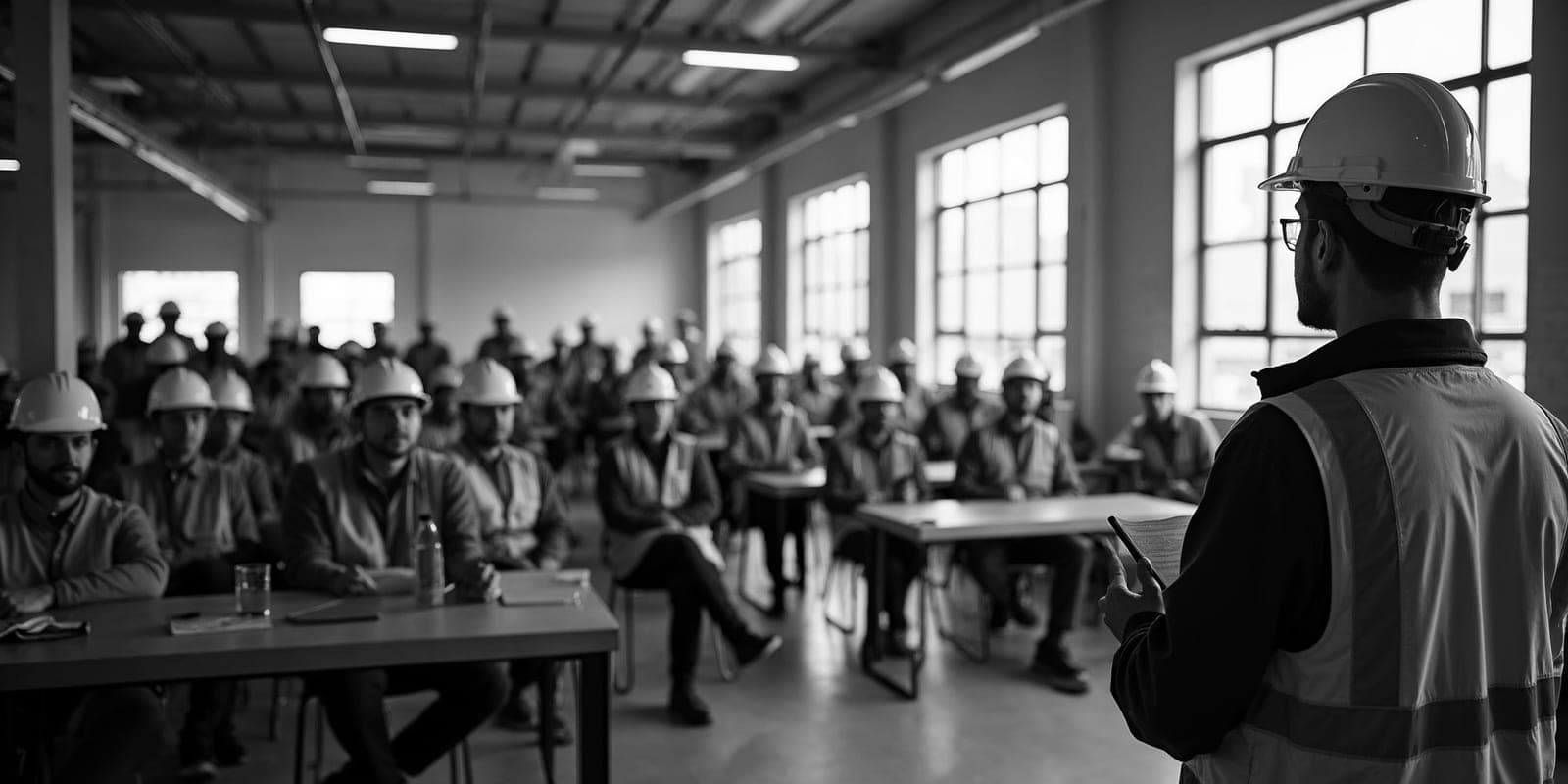 Sesión de formación en prevención dentro de una empresa, con personas trabajadoras con casco y chaleco