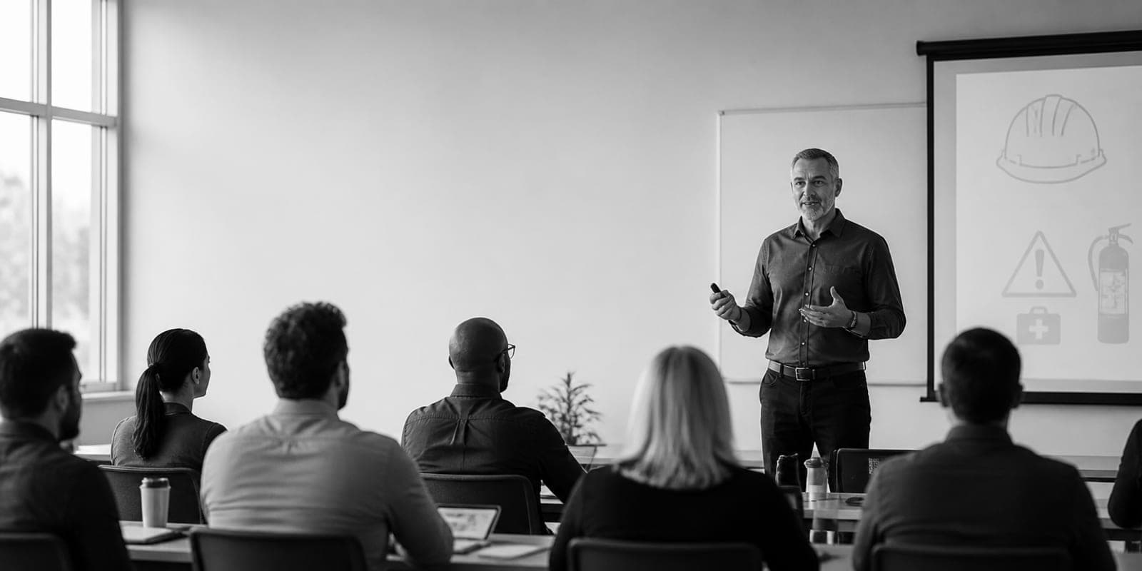 Docente impartiendo una sesión de formación en prevención de riesgos laborales ante un grupo de personas adultas